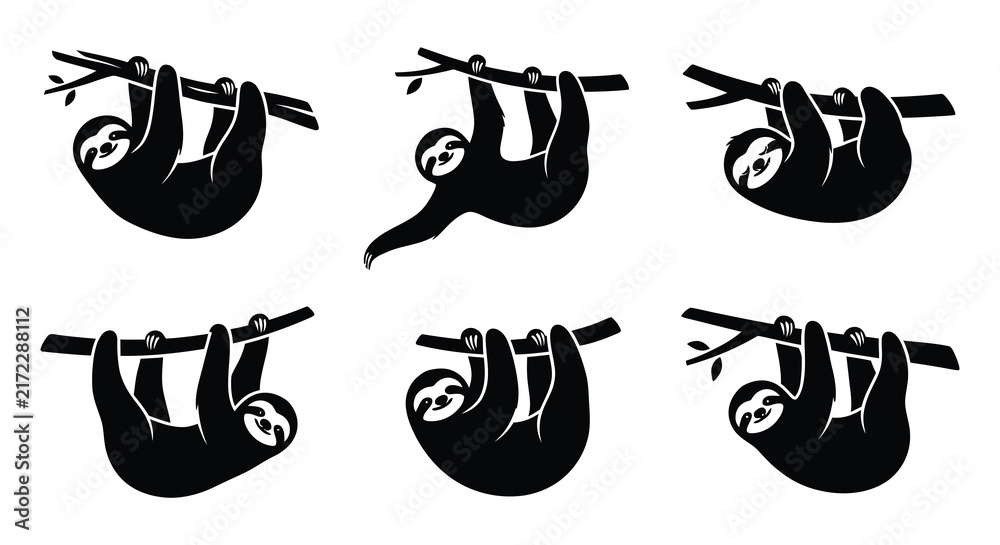 Obraz premium Black silhouettes of sloths hanging from branches vector illustration
