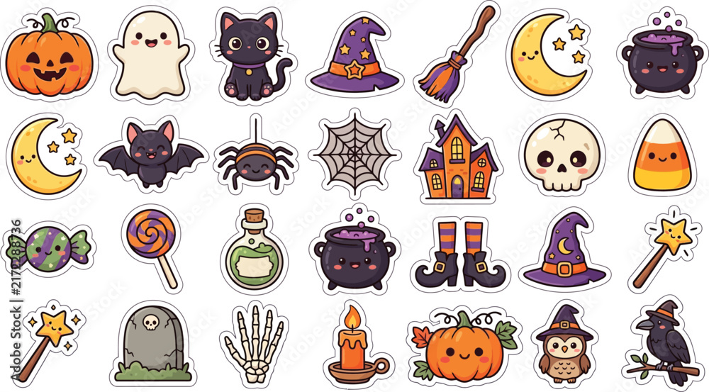 Fototapeta premium Colorful halloween themed illustrations and icons including ghosts pumpkins and witch hats