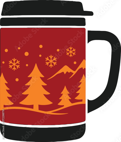 Vector travel coffee mug with winter landscape and trees