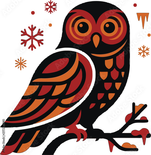 winter owl vector illustration with snowflakes and icicles