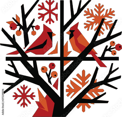 winter tree graphic with cardinals and snowflakes