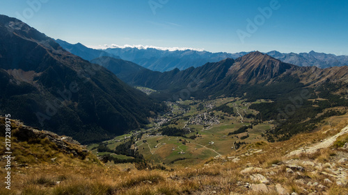 Panoramic aerial view of Val d'Ayas valley and villages from Monte Facciabella, Aosta Valley, Italy