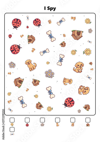 I Spy game and counting activity sheet for kids with cute puppies and dog items isolated on white background