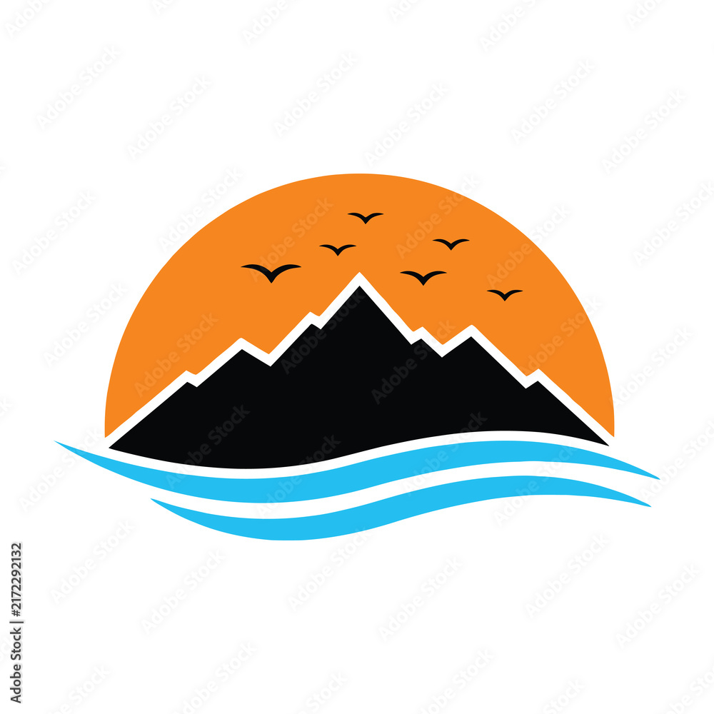 Fototapeta premium Mountain range at sunset with birds flying over water