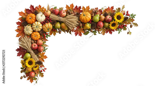 Autumn Thanksgiving garland with pumpkin, apple, pear, sunflowers, wheat, berry, acorn and colorful fall leaves isolated on transparent background