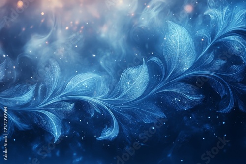 Abstract Winter Background. Ice or Frost Pattern on a Blue Backdrop. Frost crystal patterns on window glass macro blue and white