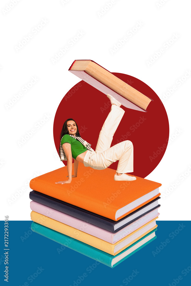 Fototapeta premium Vertical photo collage of happy girl dance stack book planner education concept knowledge bookworm hobby isolated on painted background