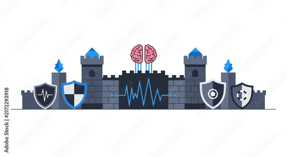 Obraz premium Cybersecurity and Mental Data Protection Concept Illustration with Castle and Brain