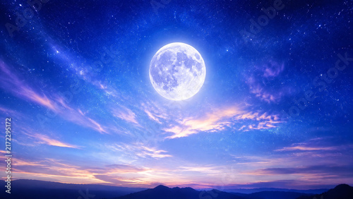 Fototapeta kuchenna 青と紫色のグラデーションが美しい星空と輝く大きな満月の幻想的な夜空の風景 generative ai