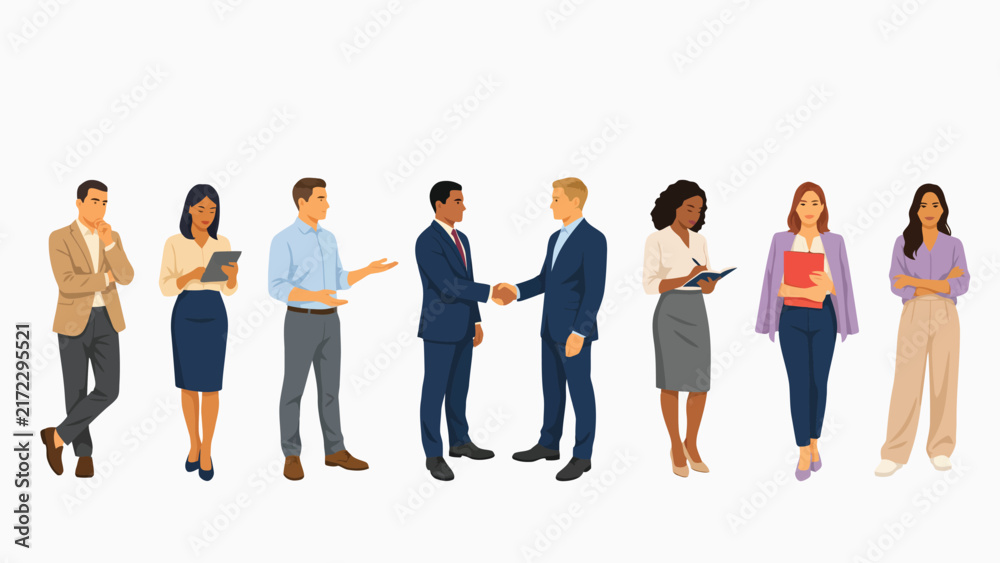Obraz premium Professional business team in vector illustration style showing diverse office employees working during daily corporate tasks