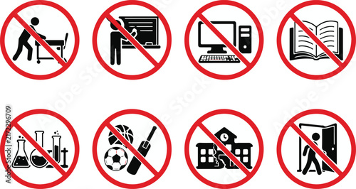 Collection of prohibition signs depicting forbidden activities like studying teaching computer use reading experiments sports school and entry isolated on white background