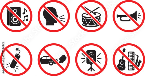 Set of prohibition signs for noise pollution including loud music talking drums horns explosions car exhaust and musical instruments flat vector icons for warning and safety