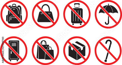 Set of prohibition signs for prohibited items including backpack handbag suitcase umbrella locker shopping bags box and cane vector icons for security and access control