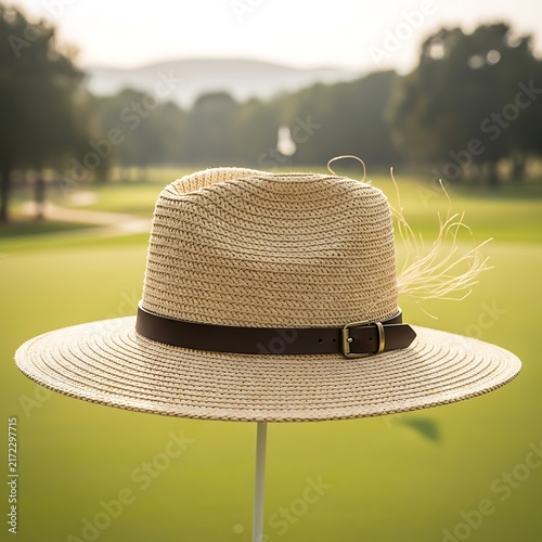 Classic Straw Hat on Golf Tee Against Blurred Green Course Background