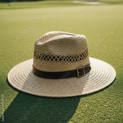 Stylish Straw Hat with Leather Band Resting on Green Golf Course
