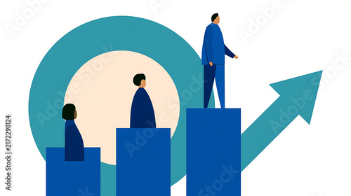 Flat vector illustration of diverse business people stand on rising bar charts with upward arrow and target symbol for financial concept
