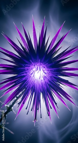 Bright Purple Thorny Flower with Intense Glowing Center and Water Droplets, Vertical Shot