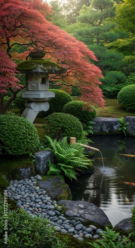 Stunning vertical view of a traditional Japanese garden, showcasing a majestic stone lantern, a serene pond with a bamboo water feature, and breathtaking red maple trees in their peak autumn glory.