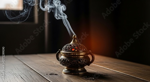 Ornate antique brass incense burner emitting fragrant smoke, placed on a rustic wooden table with a softly lit, dark background, creating a spiritual and calming atmosphere.