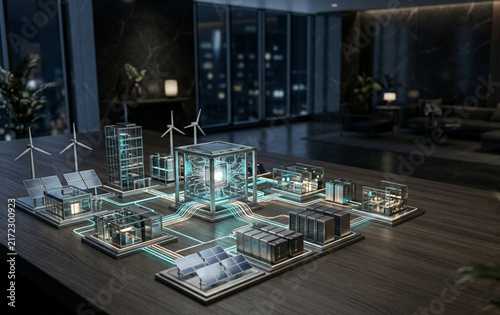 Futuristic 3D Smart Renewable Energy Grid with Solar Panels Wind Turbines and Battery Storage