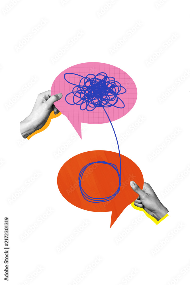 Fototapeta premium Vertical photo collage of hands hold communication bubble speech exchange scribble conversation cloud isolated on painted background