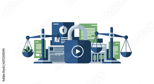 Data Privacy and Legal Compliance Concept Illustration with Scales and Padlock