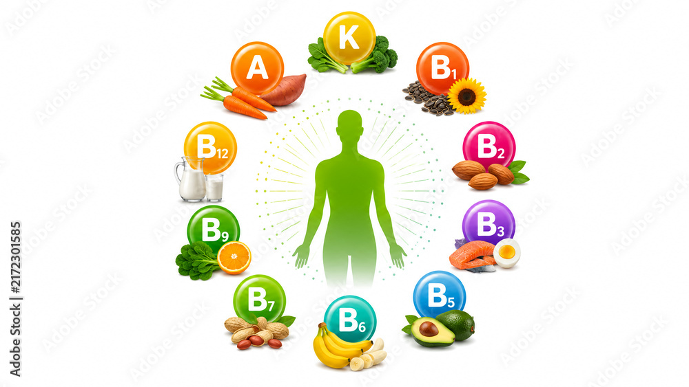 Fototapeta premium Essential vitamins infographic wheel with healthy food sources surrounding meditating body silhouette.