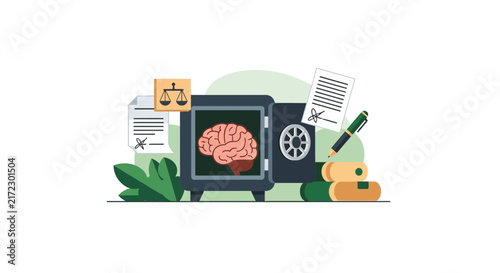 Intellectual Property Protection Illustration with Brain in a Secure Safe