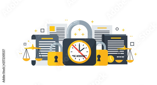 Legal Labor Law Compliance and Right to Disconnect Illustration with Padlocks and Scales