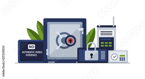 Security and Data Protection Vector Illustration with Safe, Padlock, and Communication Device