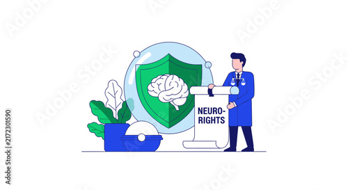 Neurorights concept illustration with brain protection shield and legal expert
