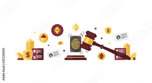 Biometric Data Regulation and Financial Law Concept Illustration with Judge Gavel and Fingerprint
