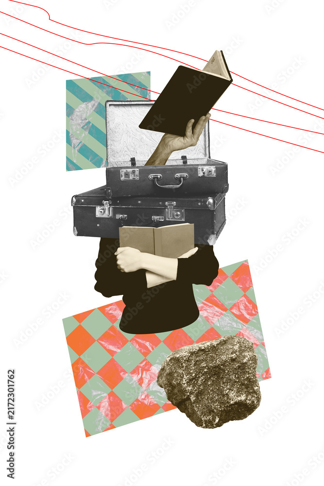 Fototapeta premium Vertical sketch 3d artwork collage poster of anonym girl hold book education concept instead head stack valise peek hand bookworm
