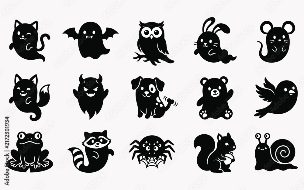 Obraz premium Set of cute black and white animal silhouettes for halloween stickers or children coloring book designs