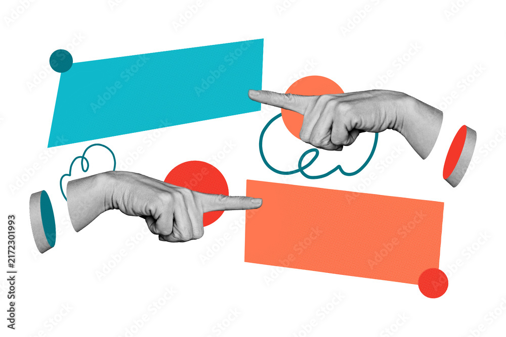Naklejka premium 3D collage poster template trend artwork sketch of hand hold gesture finger point showing way different direction human resources