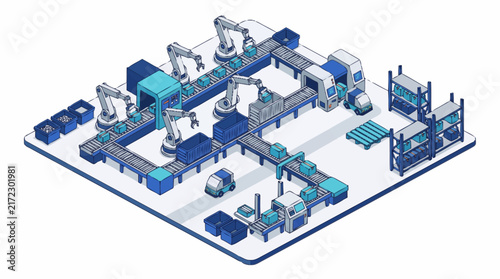 Isometric view of a modern automated factory production line.