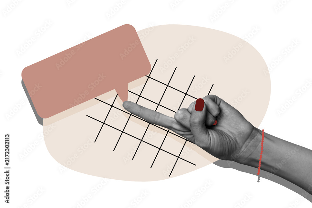 Naklejka premium Creative collage hand arm body fragment finger nonverbal gesture pointing textbox message checkered background notification sms