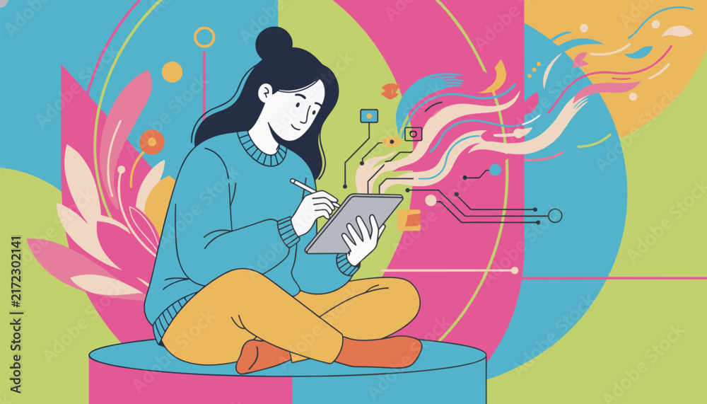 Naklejka premium Creative young woman sitting cross-legged and drawing on a digital tablet with colorful abstract elements flowing from the screen.