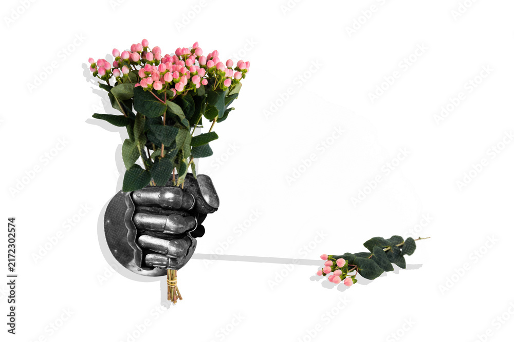 Fototapeta premium Creative image art poster photo collage of soldier hands wear armor glove hold wildflowers berries bouquet spring bloom