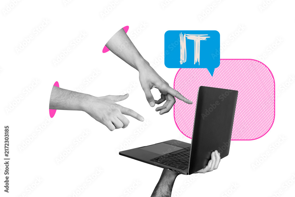 Naklejka premium Creative collage hands body fragments pointing gesture laptop digital device web information technologies work freelance internet job