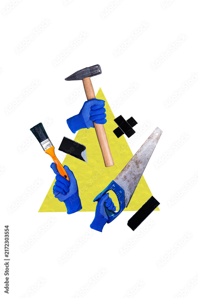 Naklejka premium Vertical collage poster human hands gloves uniform protection hold hammer saw paintbrush diy equipment tools masters handymen