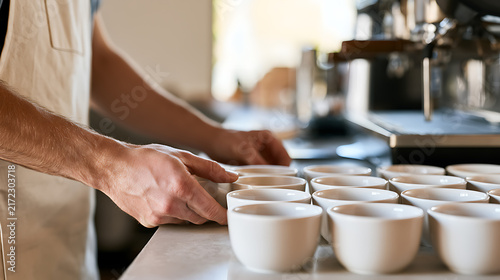 Professional barista prepare multiple white ceramic coffee cups on a clean cafe counter near espresso machine for commercial beverage service