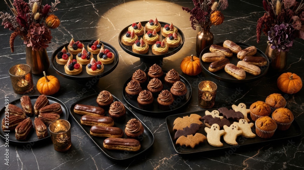 Fototapeta premium Halloween dessert table spread featuring cupcakes tarts cookies and eclairs