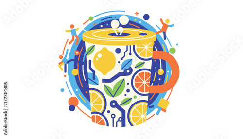 Stylized coffee mug decorated with bright citrus orange and lemon slices integrated with colorful abstract electronic circuit board traces.