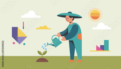 Friendly farmer in a wide-brimmed hat watering a young green plant sprout in a field under a bright sun with abstract shapes.