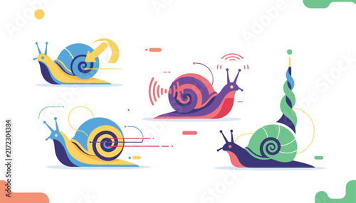 Set of four colorful stylized snails representing scientific and mathematical concepts like spirals, waves, antennas, and geometry.