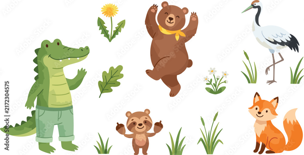 Naklejka premium Cute Cartoon Forest and Wetland Wild Animals Vector Character Set Featuring Alligator Bear Fox Crane and Raccoon for Kids Nursery Graphics