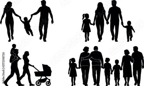 фотографія Family silhouettes walking together depict various parental units with children
