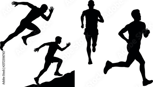 фотографія Silhouettes of three running men depict athleticism and movement against a white