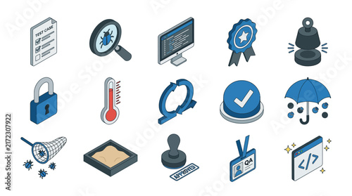 Isometric technology icons set, cybersecurity and computer hardware symbols, vector illustration for software interface and web design, blue digital electronics collection isolated on White
